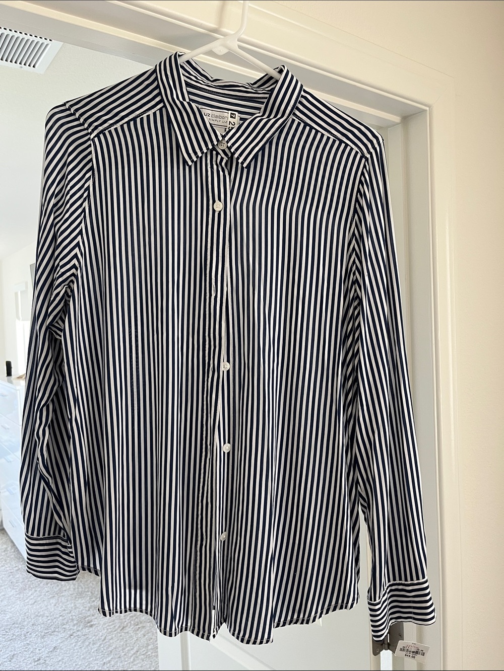 Liz Claiborne Navy and White Vertical Stripe Button-Down Shirt - Picture 2 of 4